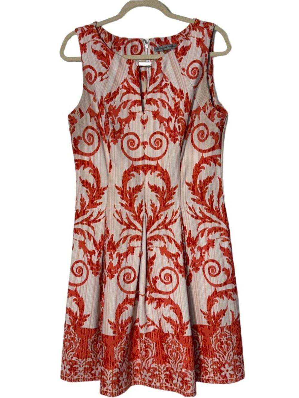 Danny &‎ Nicole Orange Cream Baroque Print Fit & Flare Keyhole Dress Size 14
